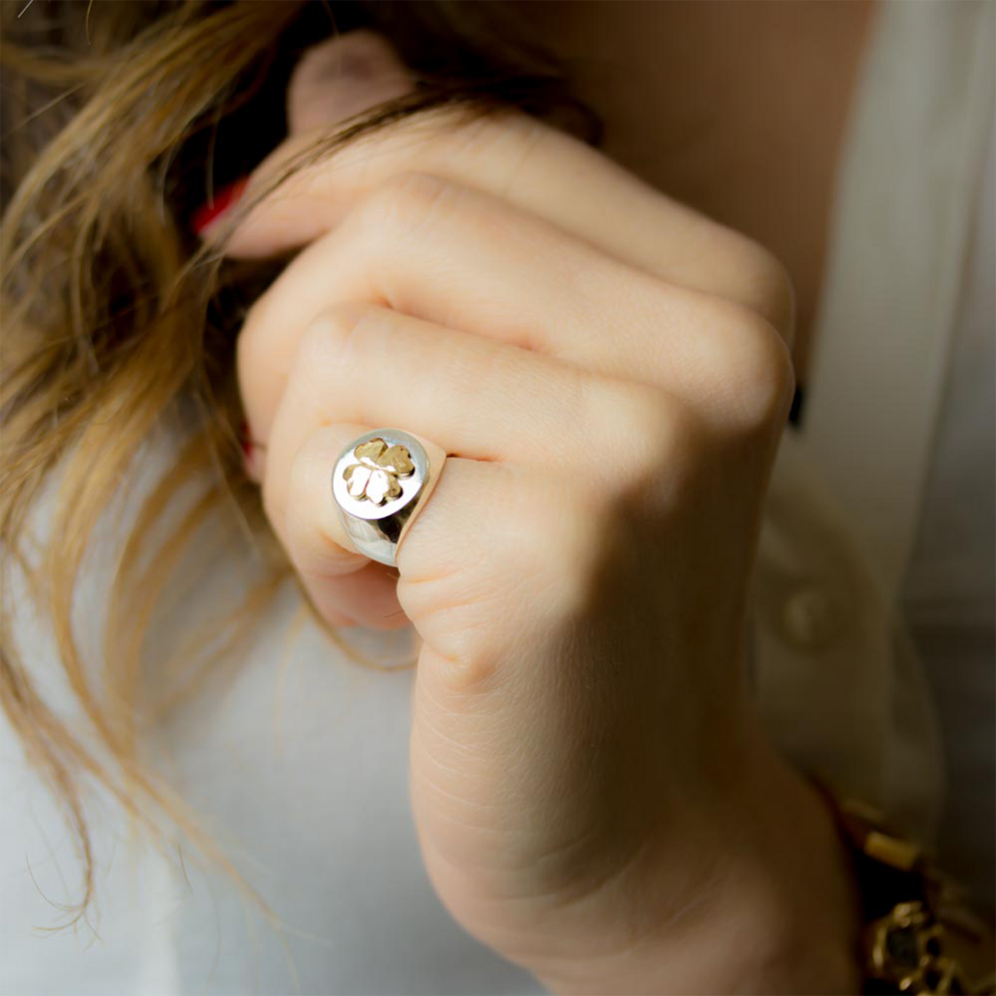 Anello Sigillo Argento e Quadrifoglio Oro